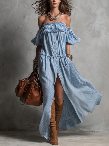 Boho Off-Shoulder Striped Maxi Dress