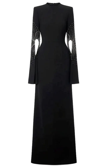 Crystal Embellished Cape Sleeve Maxi Dress Black