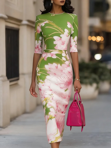 Elegant Party Vacation Floral Print Stretch Bodycon Dress
