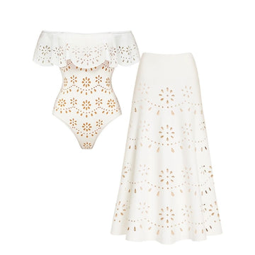 Laser Three Pieces Set Hollow Out One Piece Swimsuit and Skirt