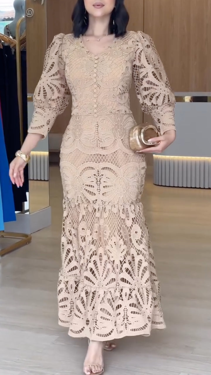 Floral Cutwork Lace Puff Sleeve Midi Dress
