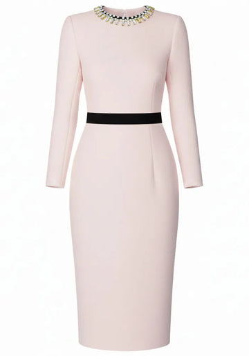 Long Sleeve Crystal Neckline Midi Dress Pink