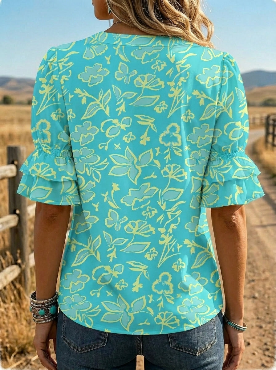 Women's Retro Floral Art Puff Sleeve Casual Shirt