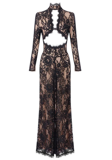 Long Sleeve Cut Out Lace Maxi Dress Black