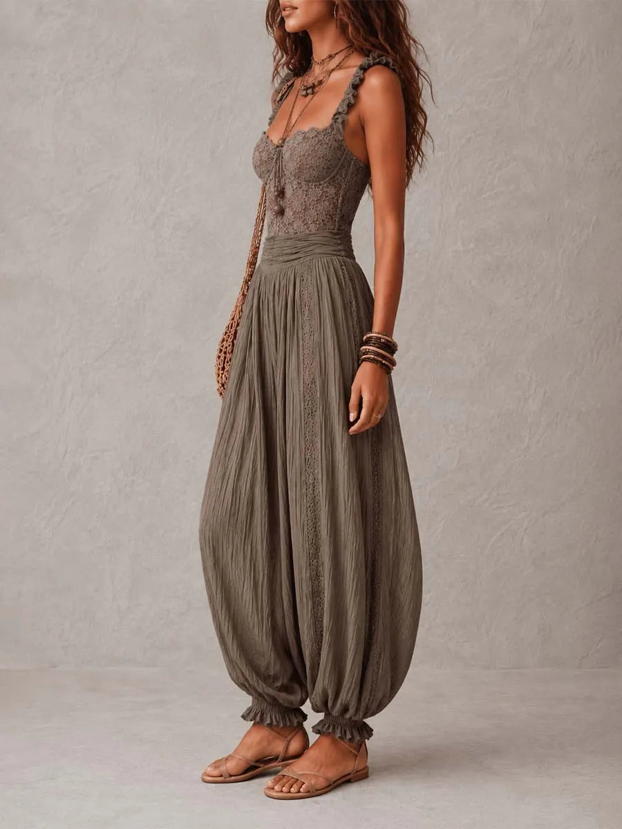 Grey Lace Bandeau and Pleated Cotton Harem Pants Set