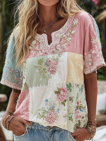 Women's Boho Floral Patchwork V Neck Linen Blend Shirt