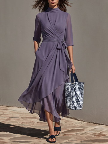 Women's Lavender Chiffon Dress With Sheer Three-Quarter Sleeves & Asymmetric Hem, Modern Effortless-Chic Day Dress MDZ2229D8LYL