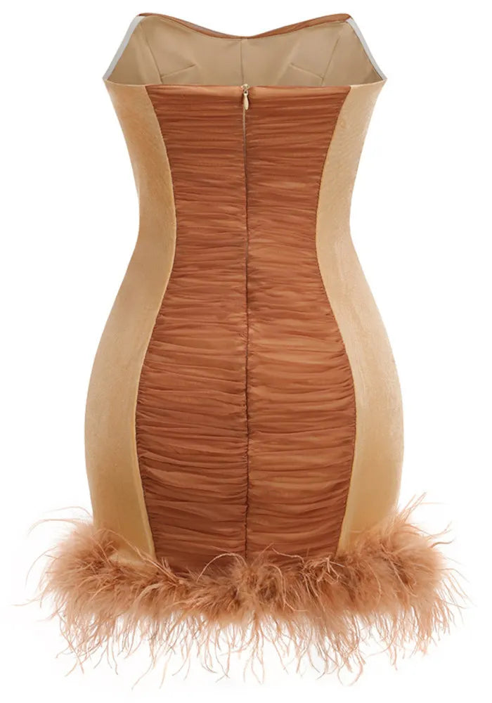 Strapless Crystal Draped Feathers Dress Brown
