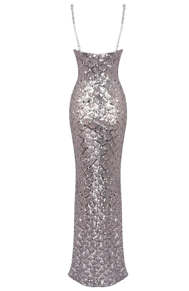 Crystal Bustier Sequin Maxi Dress Silver