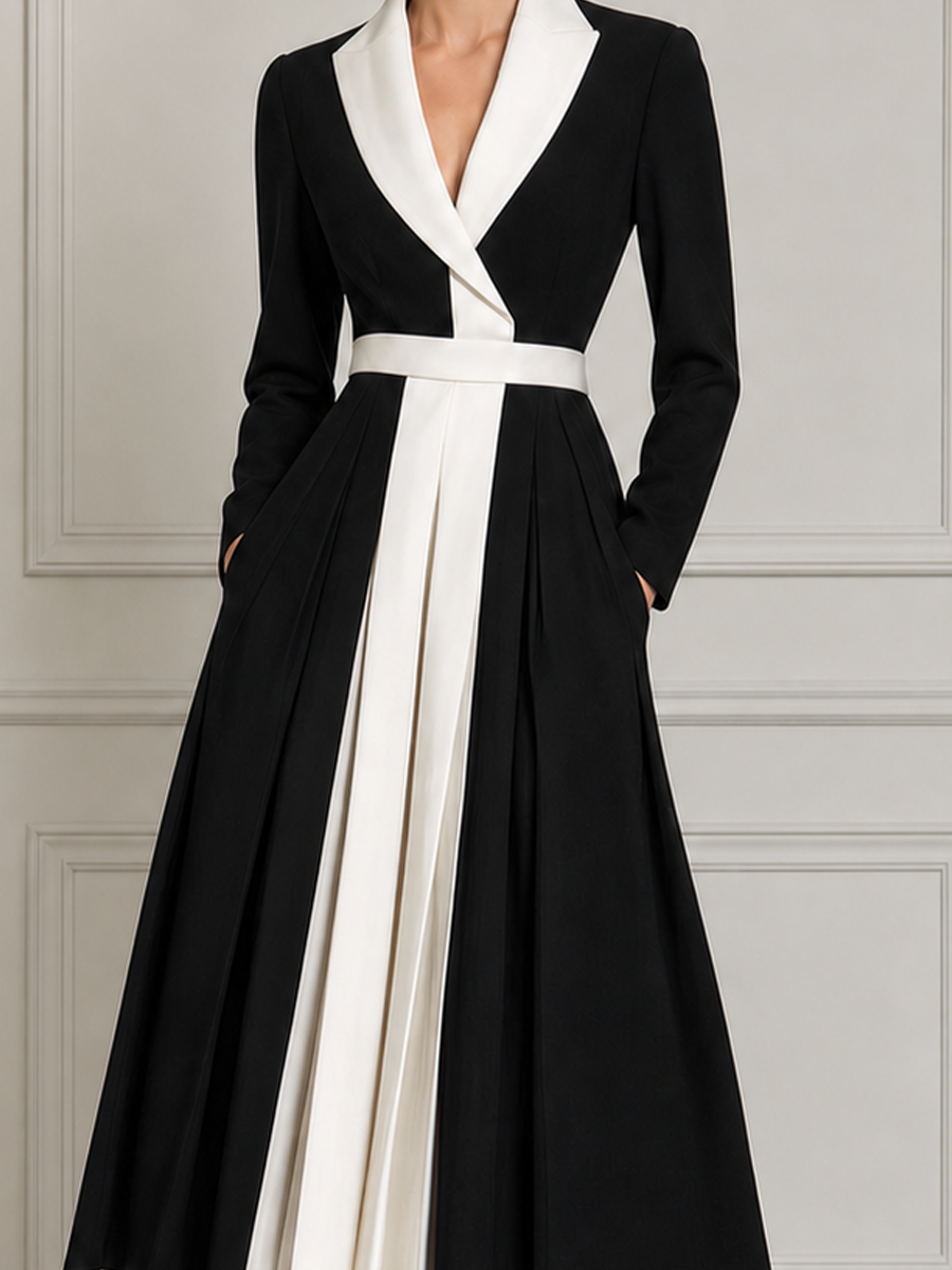Black White Contrast Lapel Belted Pleated A-Line Blazer Midi Dress