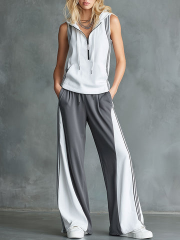 Casual Sporty Color-Block Hooded Sleeveless Top And Wide-Leg Pants Set