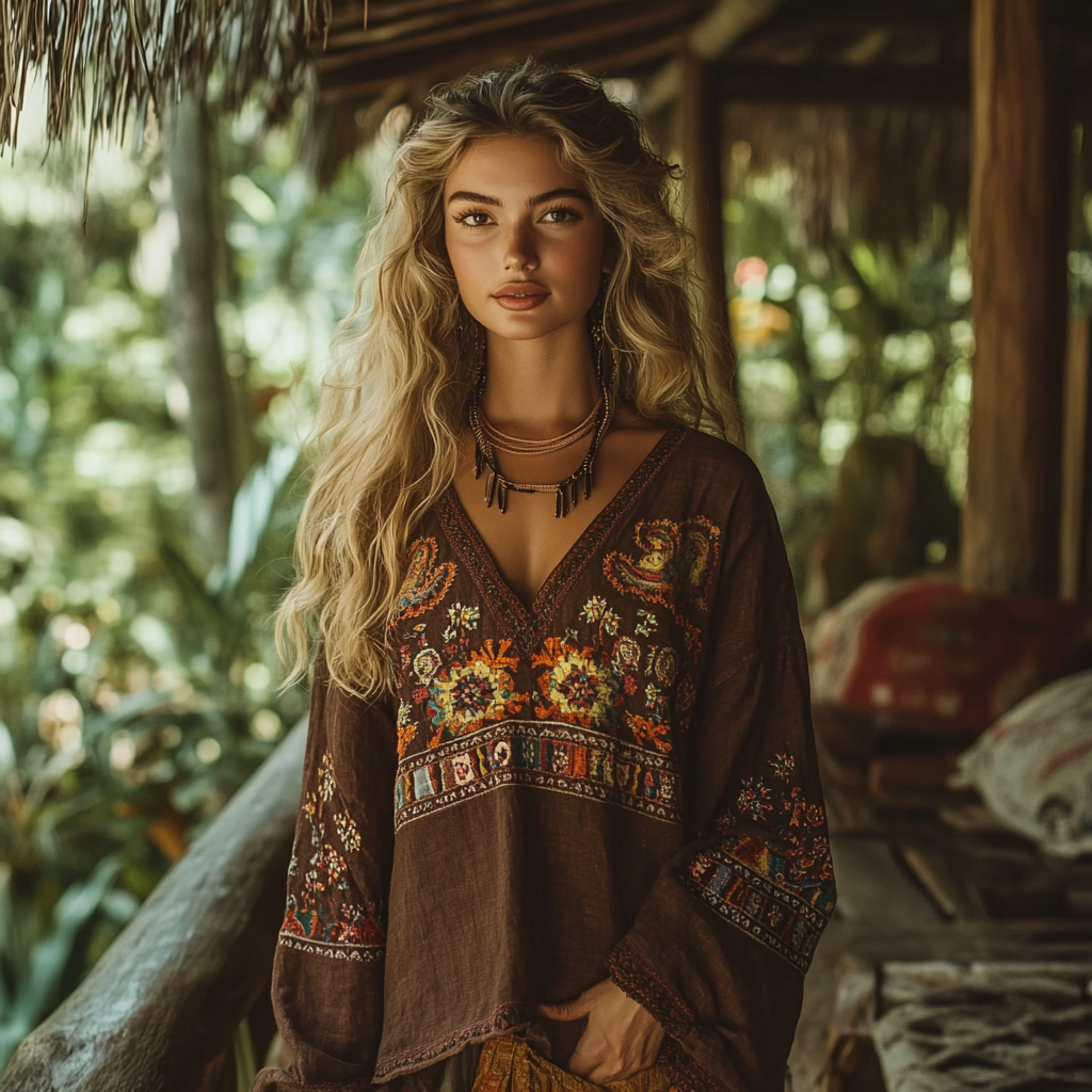 Bohemian Resort Vintage Linen Print Casual Long Sleeve Top