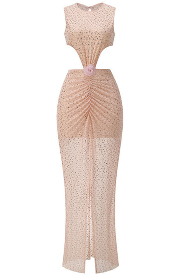 Floral Detail Embellished Maxi Dress Nude Pink
