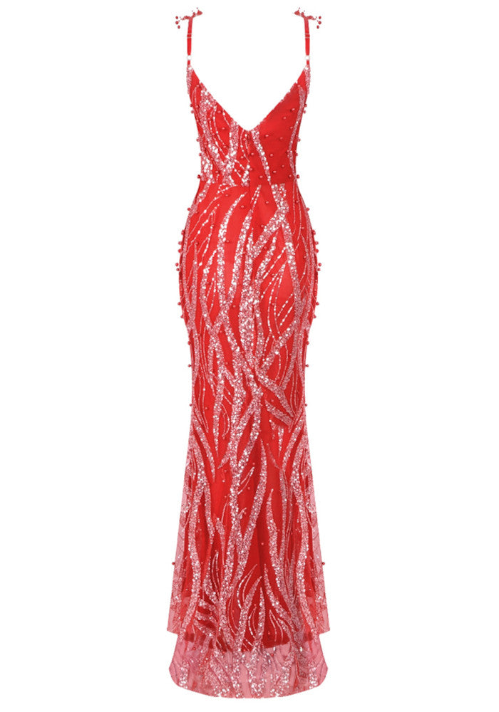 Sequin Maxi Dress Red Silver