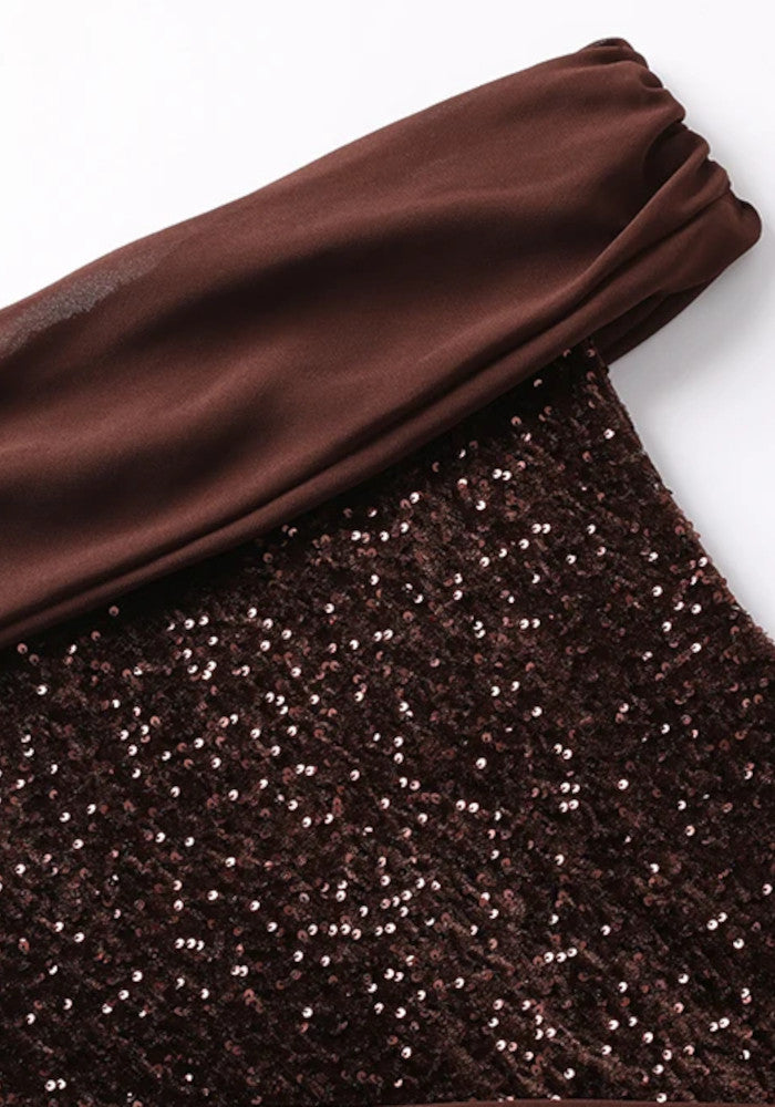 Bardot Sequin Corset Maxi Dress Brown