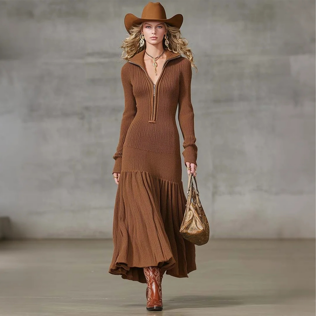 Women's Vintage Brown Knitted Maxi Dress