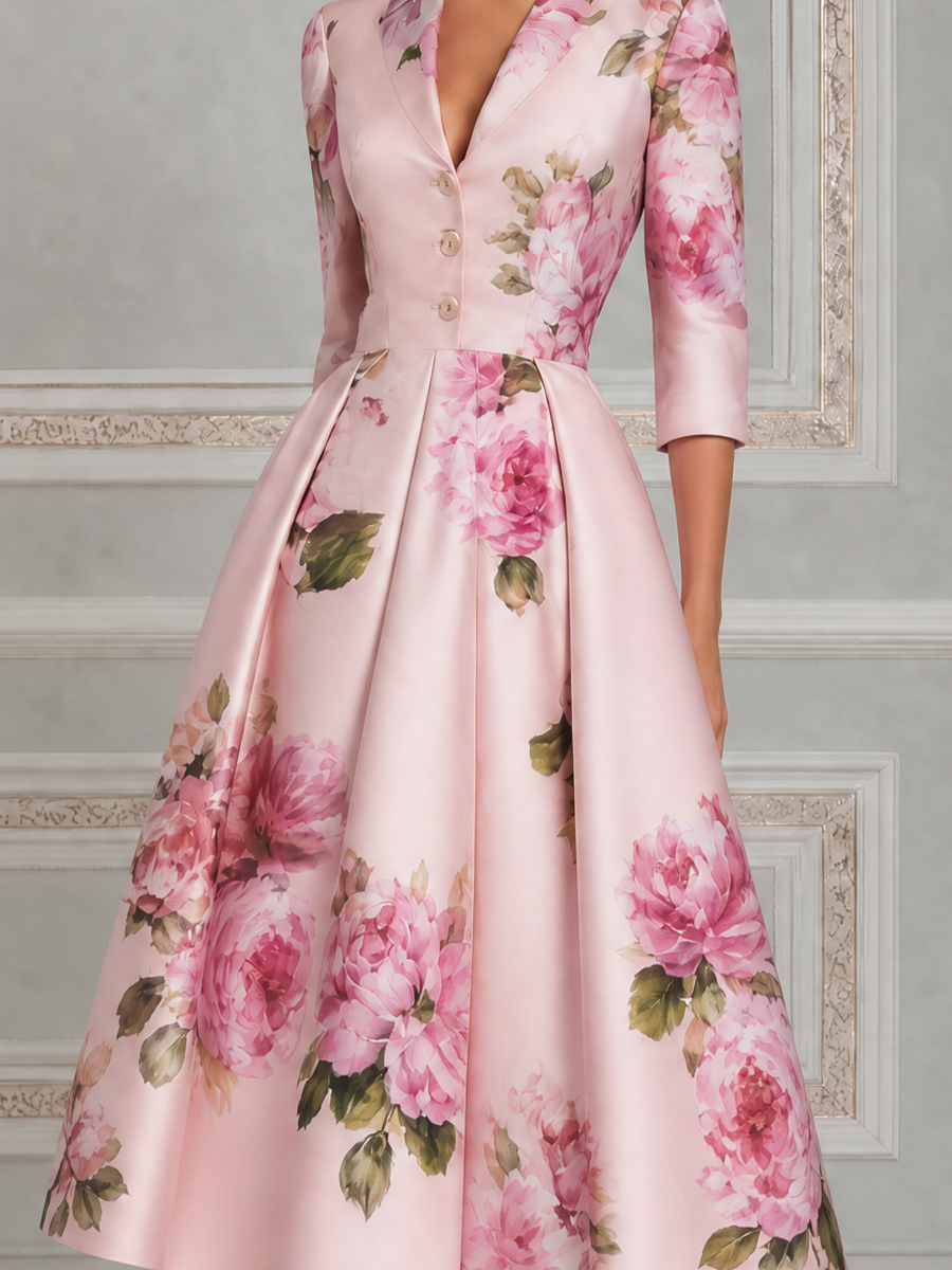 Pink Watercolor Peony Print Notched Lapel Pleated A-Line Midi Dress