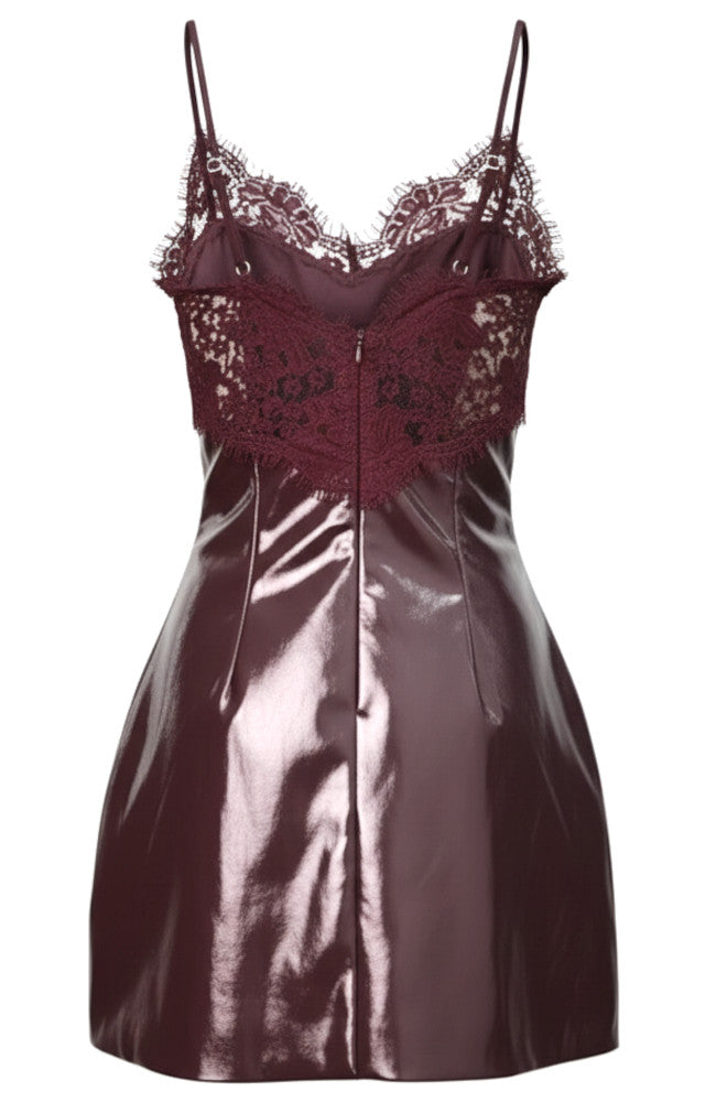 Lace Insert Faux Leather Dress Burgundy