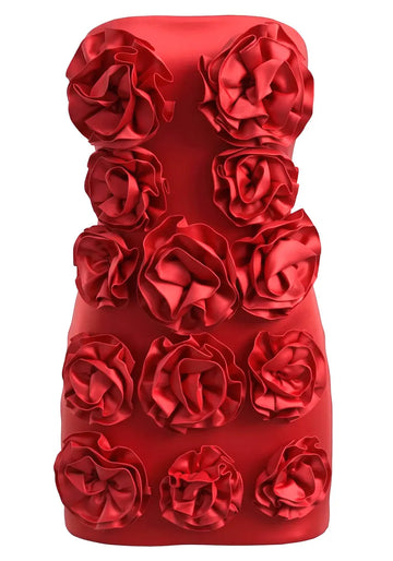Strapless Floral Detail Dress Red