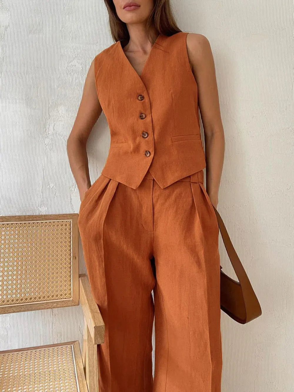 Classic V-neck Pleated Cotton and Linen Wide-leg Pants Suit