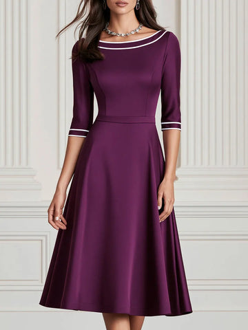 White Piping Boat Neck A-Line Satin Midi Dress