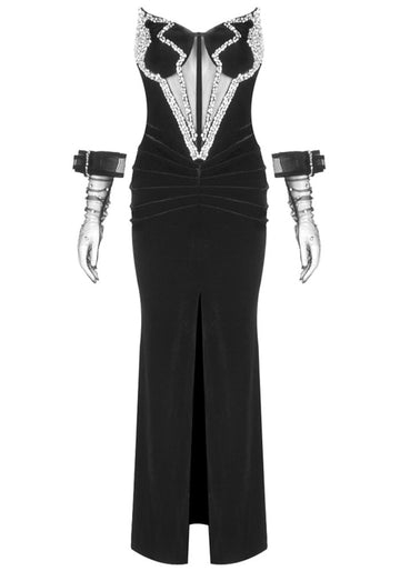 Strapless Crystal Bustier Draped Maxi Velvet Dress Black