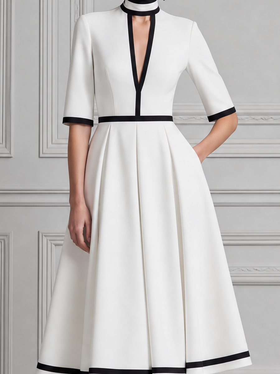 White Dress Contrast Trim Pleated A-Line Midi Dress