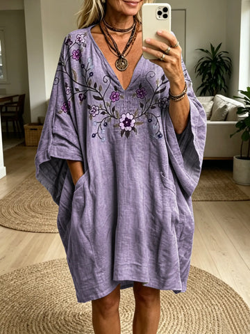 Women's Retro Purple Ethnic Floral Art Print Casual Fashion Batwing Sleeve Dress