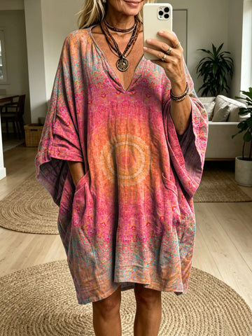 Women's Retro Hippie Kaleidoscope Art Print Casual Fashion Batwing Sleeve Dress