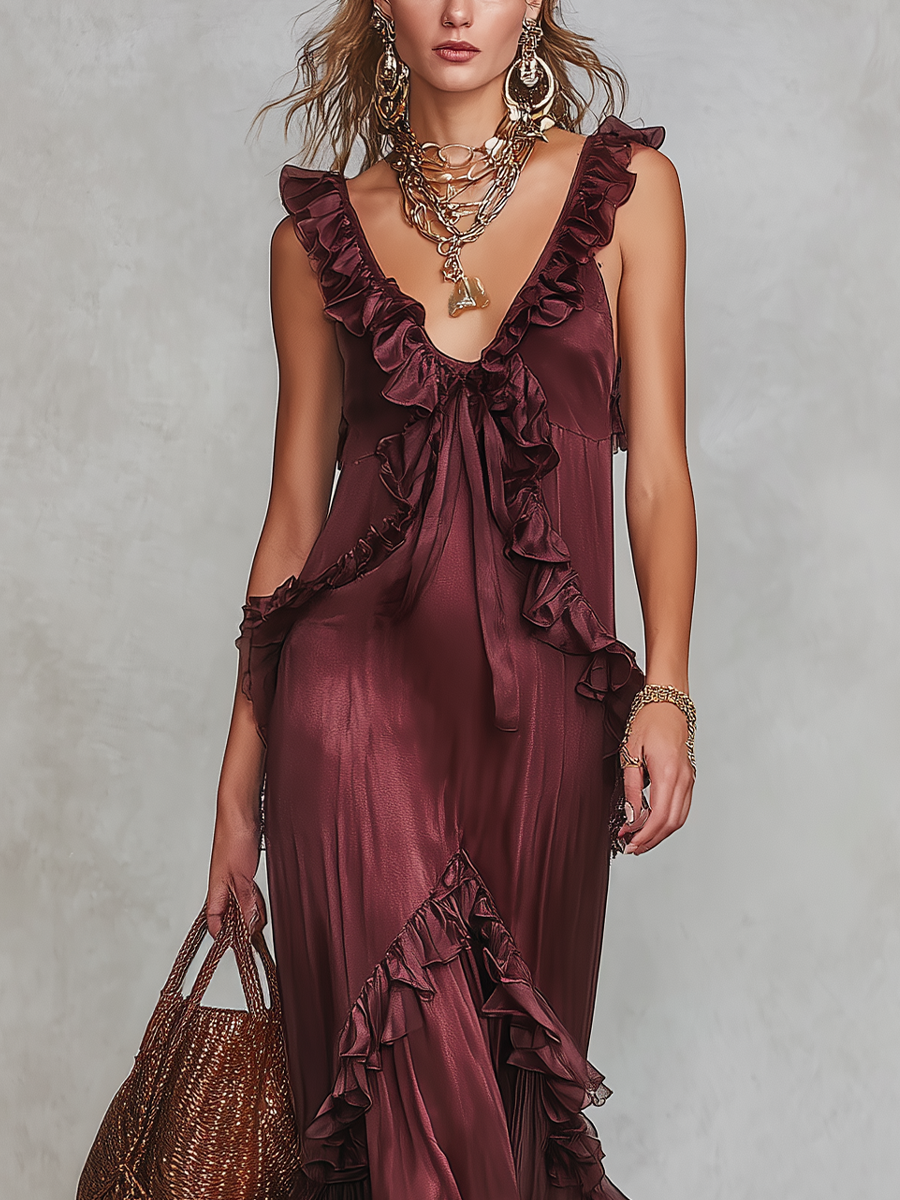 Bohemian Style Burgundy Glossy Ruffled Maxi Dress