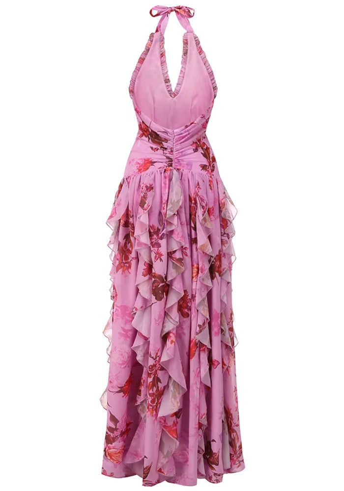 Halter Floral Ruffle Maxi Dress Pink