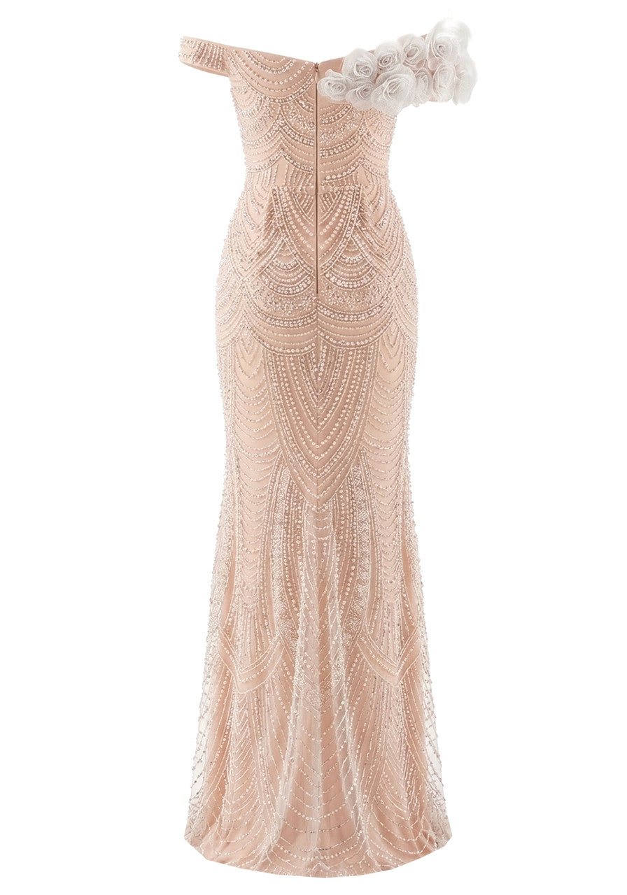 Floral Bardot Pearl Sequin Maxi Dress Pink