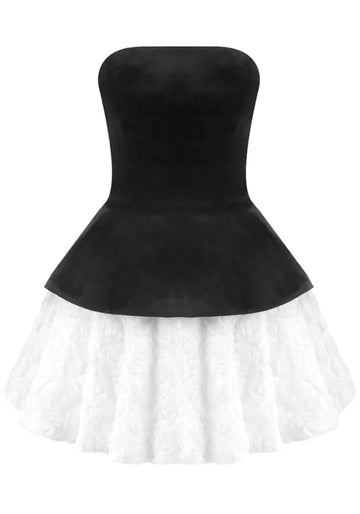 Strapless Corset Floral A Line Velvet Dress Black White