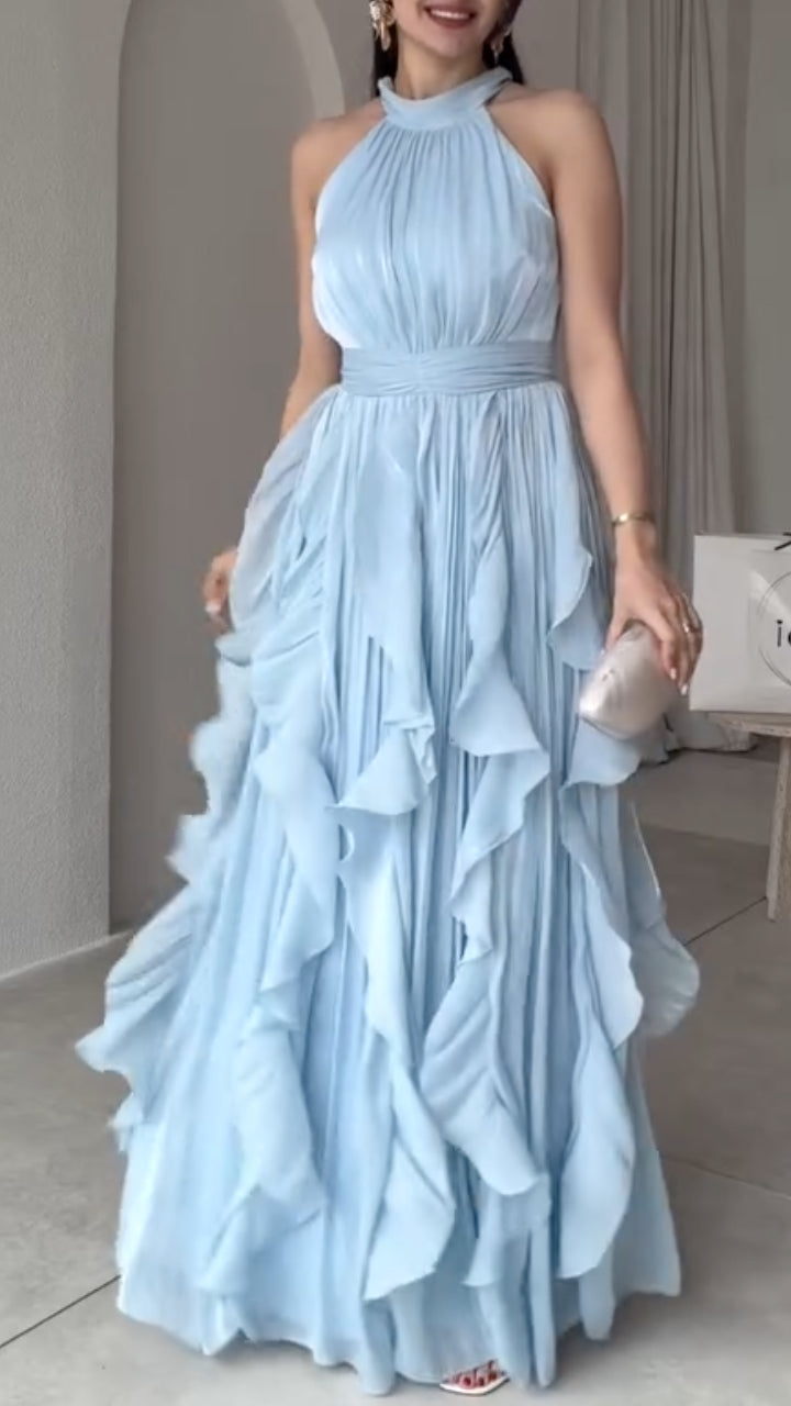 Blush Pink Halter Neck Ruffle Maxi Dress
