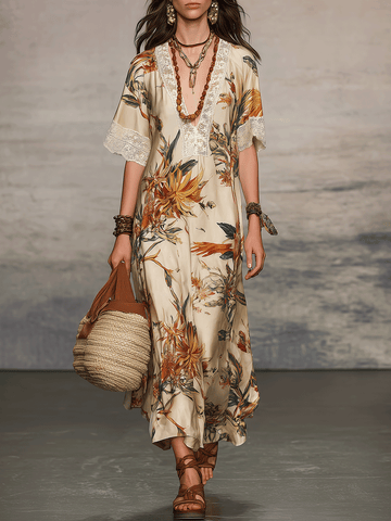 Vintage-Inspired Flowing Midi Dress With Vibrant Botanical Prints And Boho Vibes