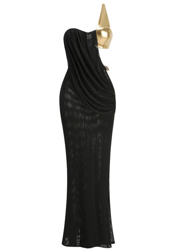 One Shoulder Draped Maxi Dress Black Gold