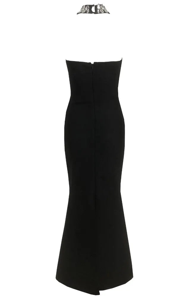 Halter Crystal Mermaid Maxi Dress Black