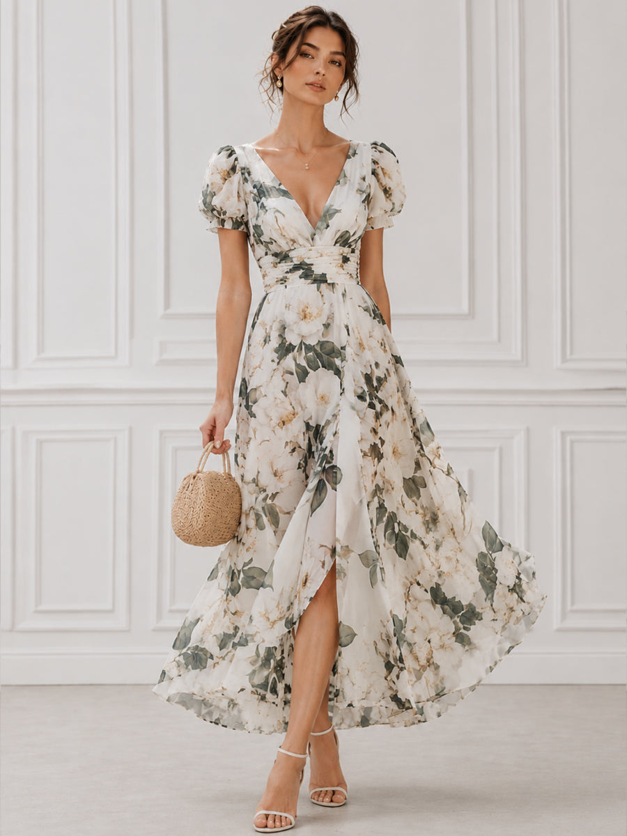 Floral Puff Sleeve Wrap Maxi Dress