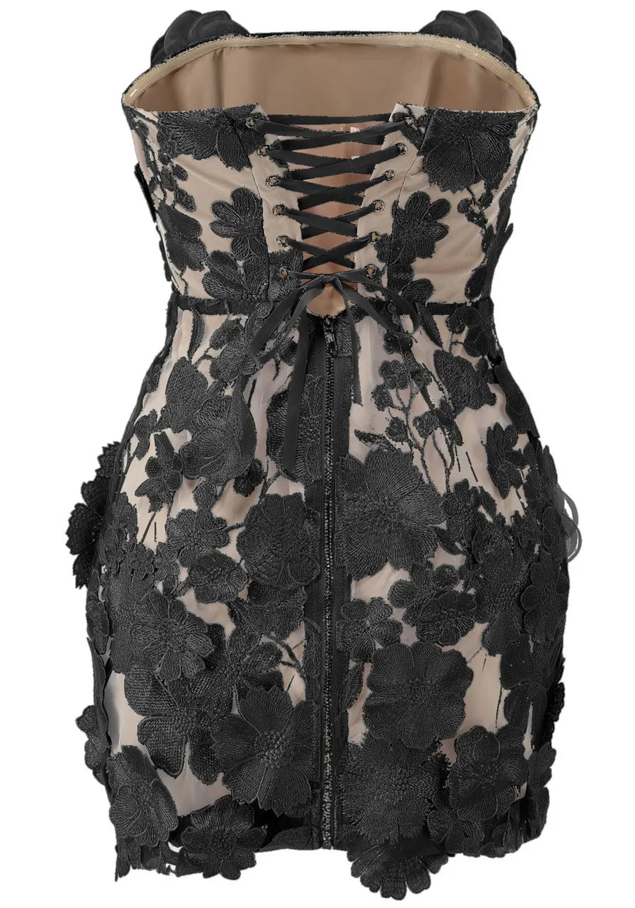 Strapless Embroidered Floral Corset Dress Black