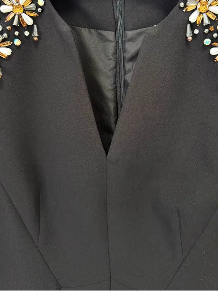 Long Sleeve Embellished Shoulder Maxi Dress Black