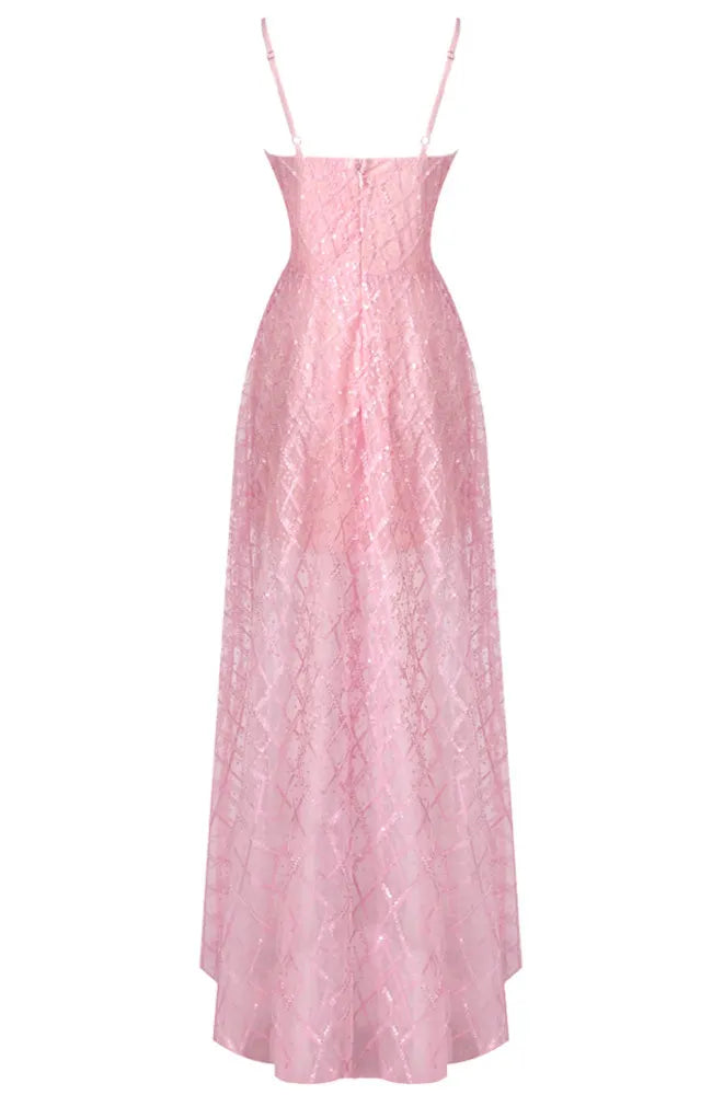 Sequin Structured Bustier A Line Maxi Dress Pink