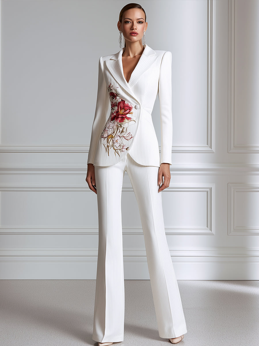 Floral Print Pinstripe Blazer And Flared Trouser Suit