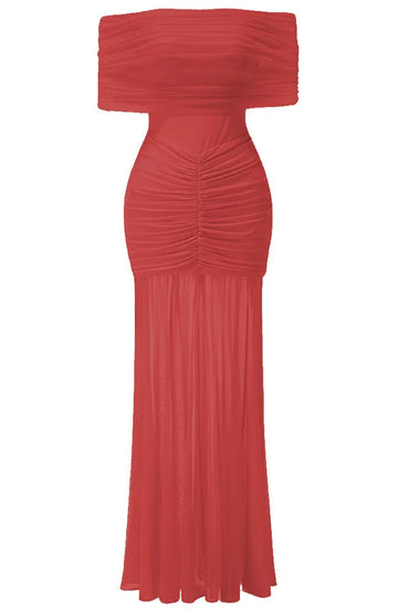 Ruched Bardot Maxi Dress Red