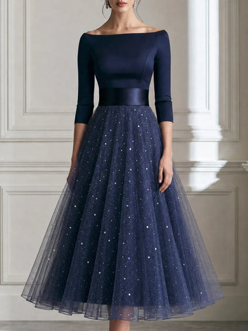 Off Shoulder Satin Sequin Tulle A Line Midi Dress