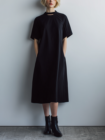 Women's Casual Minimalist Black Poly-Cotton Midi Dress — Short Sleeve, Crew Neck, Cutout Design MDZ2787D4ZJW