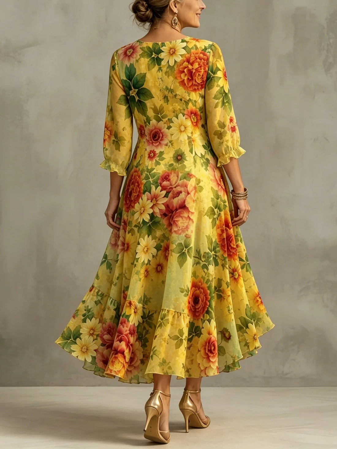 Elegant Floral Print V-neck Asymmetrical Maxi Dress