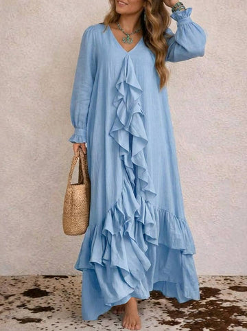 Light Blue Boho Cascade Ruffle Maxi Dres