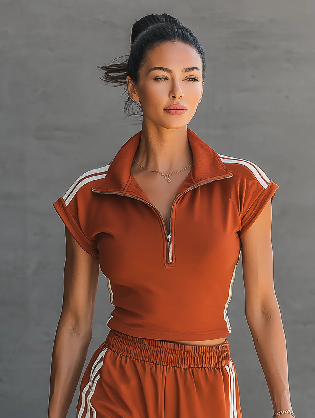 Women's Athleisure Set: Half-Zip Top & Shorts With Ruffled Hem MDZ2878D3Y