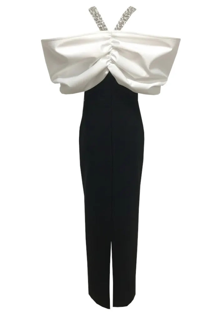 Halter Crystal Bardot Maxi Dress Black White