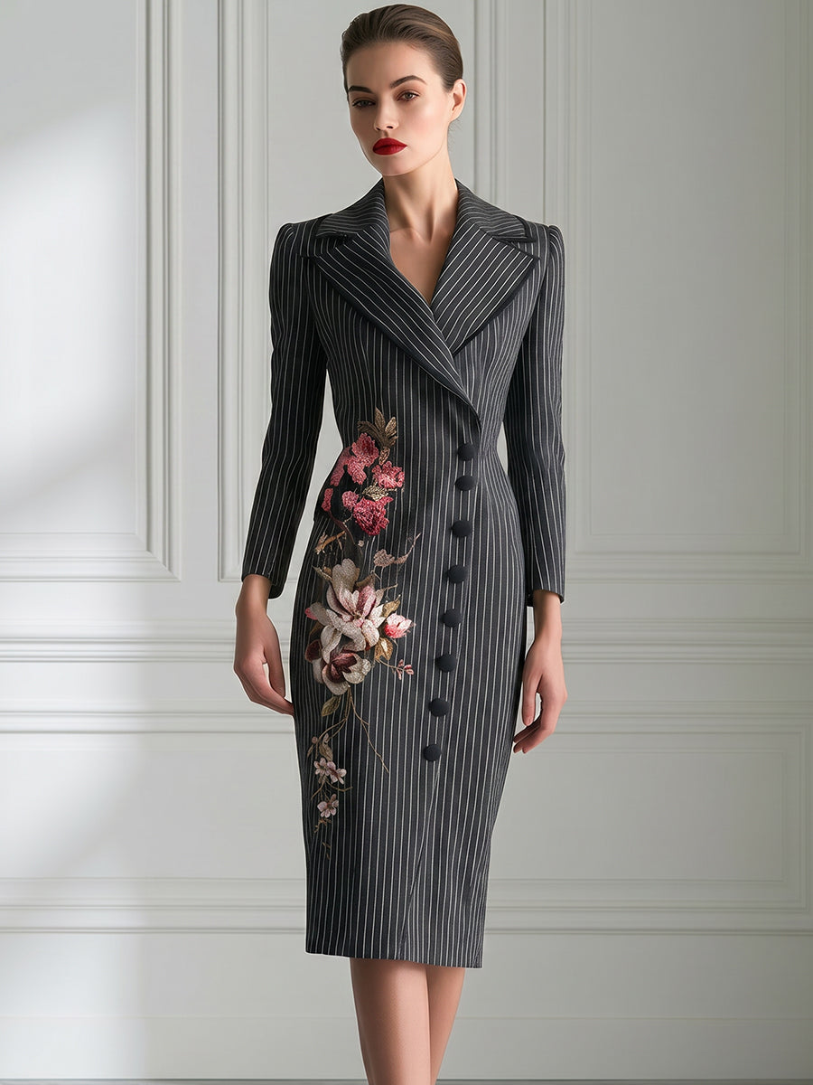 Floral Embroidered Pinstripe Tailored Blazer Dress